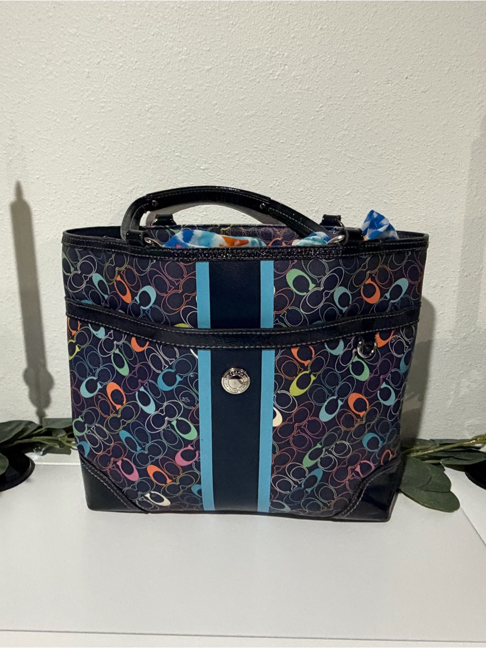 Coach Chelsea Multicolor Signature Shoulder Tote with Light Blue Stripe